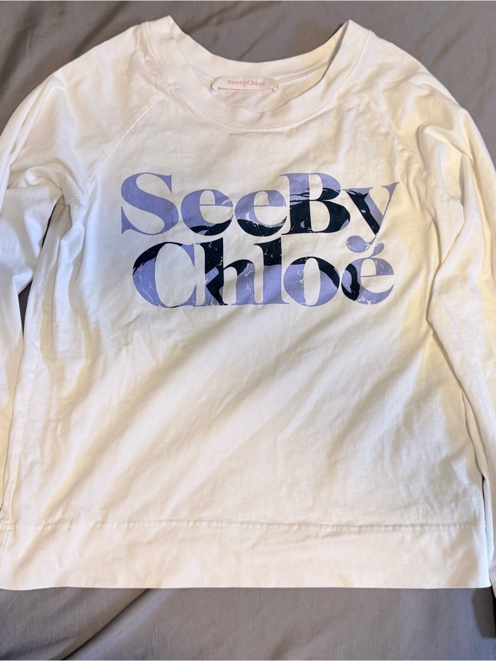 See By Chloe White Long-Sleeve Tee with Blue Logo
